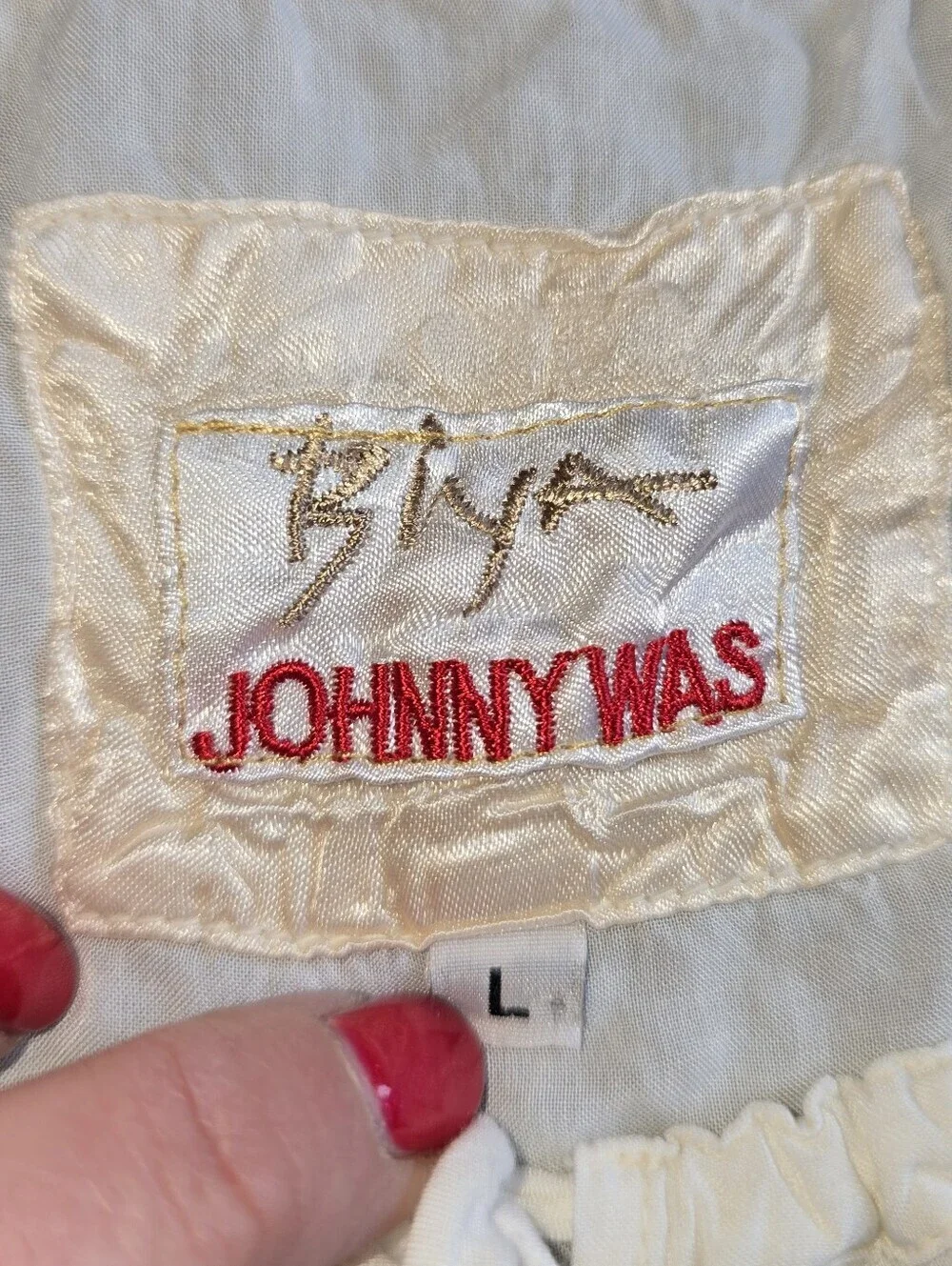 Johnny Was White Embroidered Peasant Top with Black Trim Size L
